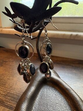 Silver Drop Earrings with Navy Blue Stones